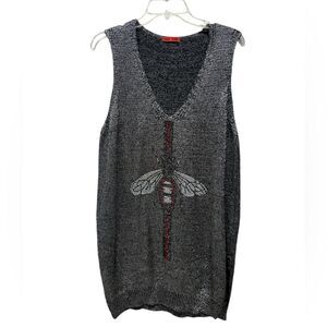 Lesac-rouge bee youtiful metallic black printed knit sweater vest tunic length M